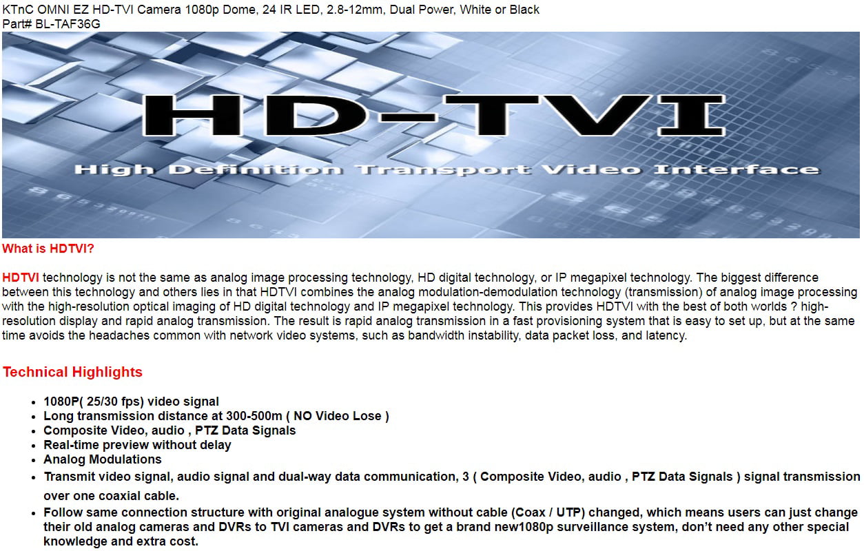 KT&C OMNI EZ HD-TVI Camera 2 MP 1080p Indoor Dome 24 IR LED 2.8-12mm Dual Power 