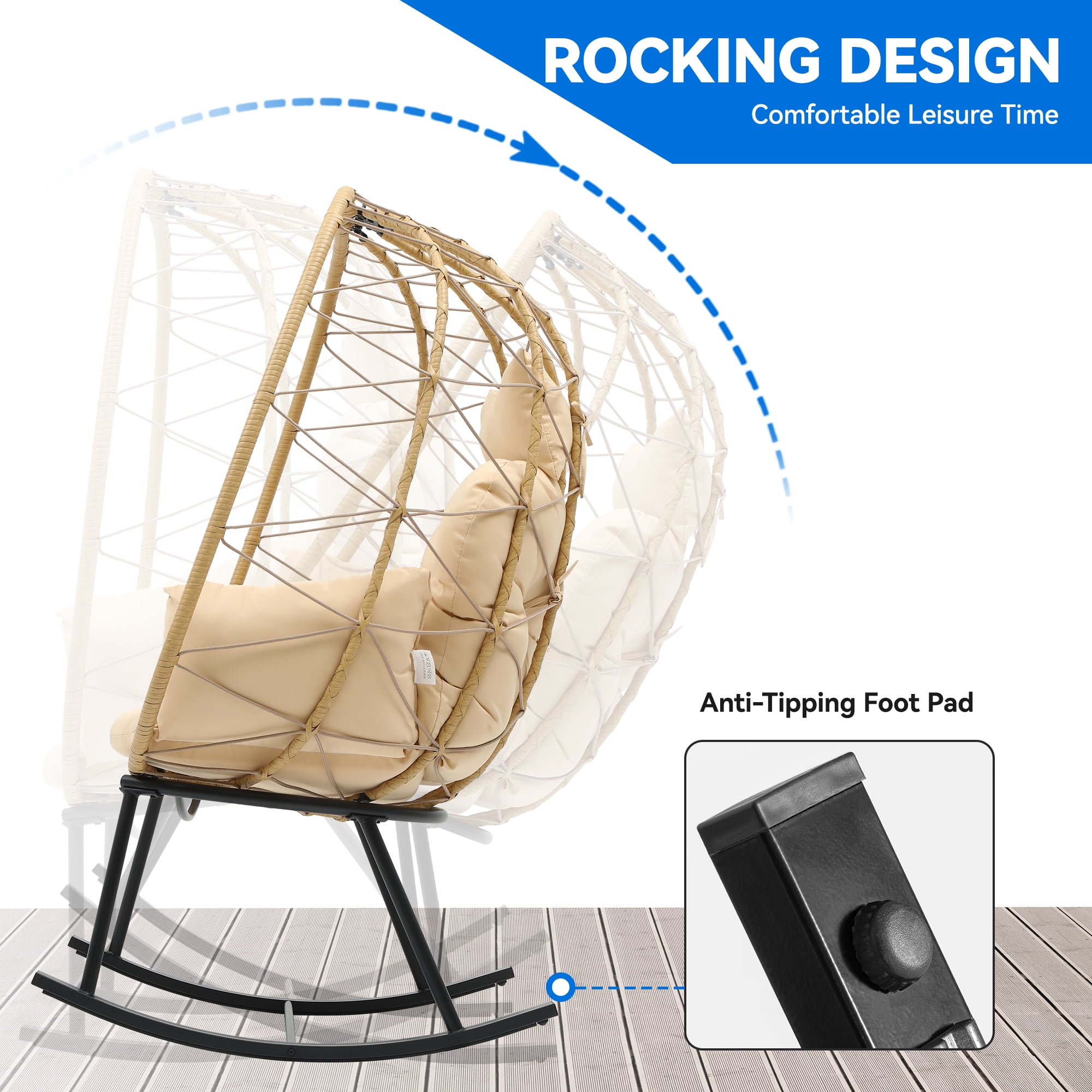 Uforic Beige Outdoor Wicker Rocking Egg Chair, Cushioned Relaxation Chair for Indoor & Outdoor Spaces, 330lb Weight Capacity, Anti-Slip Design, All-Weather Durability