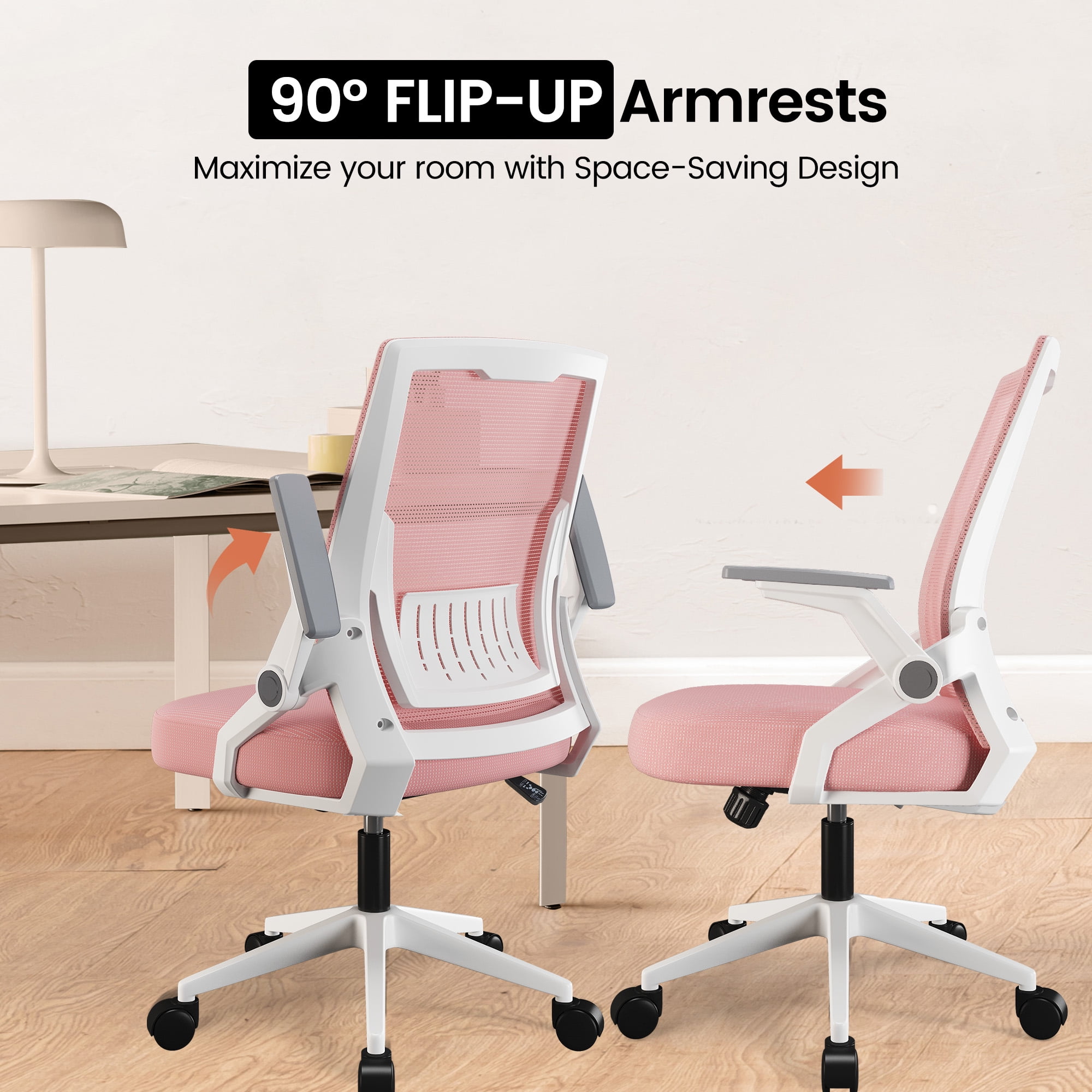 CloudRest Pro Mid Back Mesh Office Chair with Flip-Up Armrests for home office, Pink