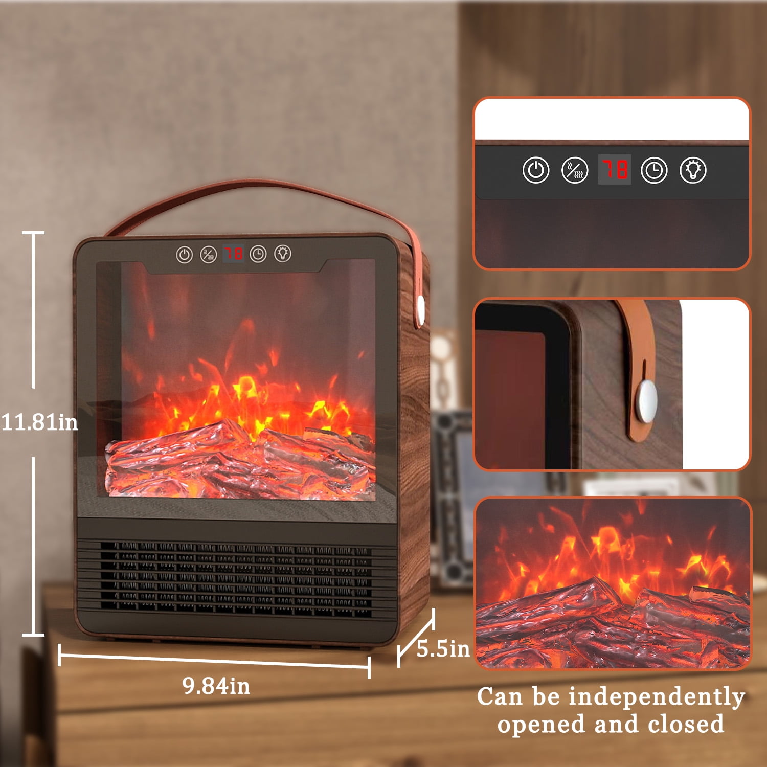 Portable Electric Fireplace Space Heater for Indoor Use, Remote Control, 3 Mode Settings, 24H Timer & Safety Tip-Over Protection