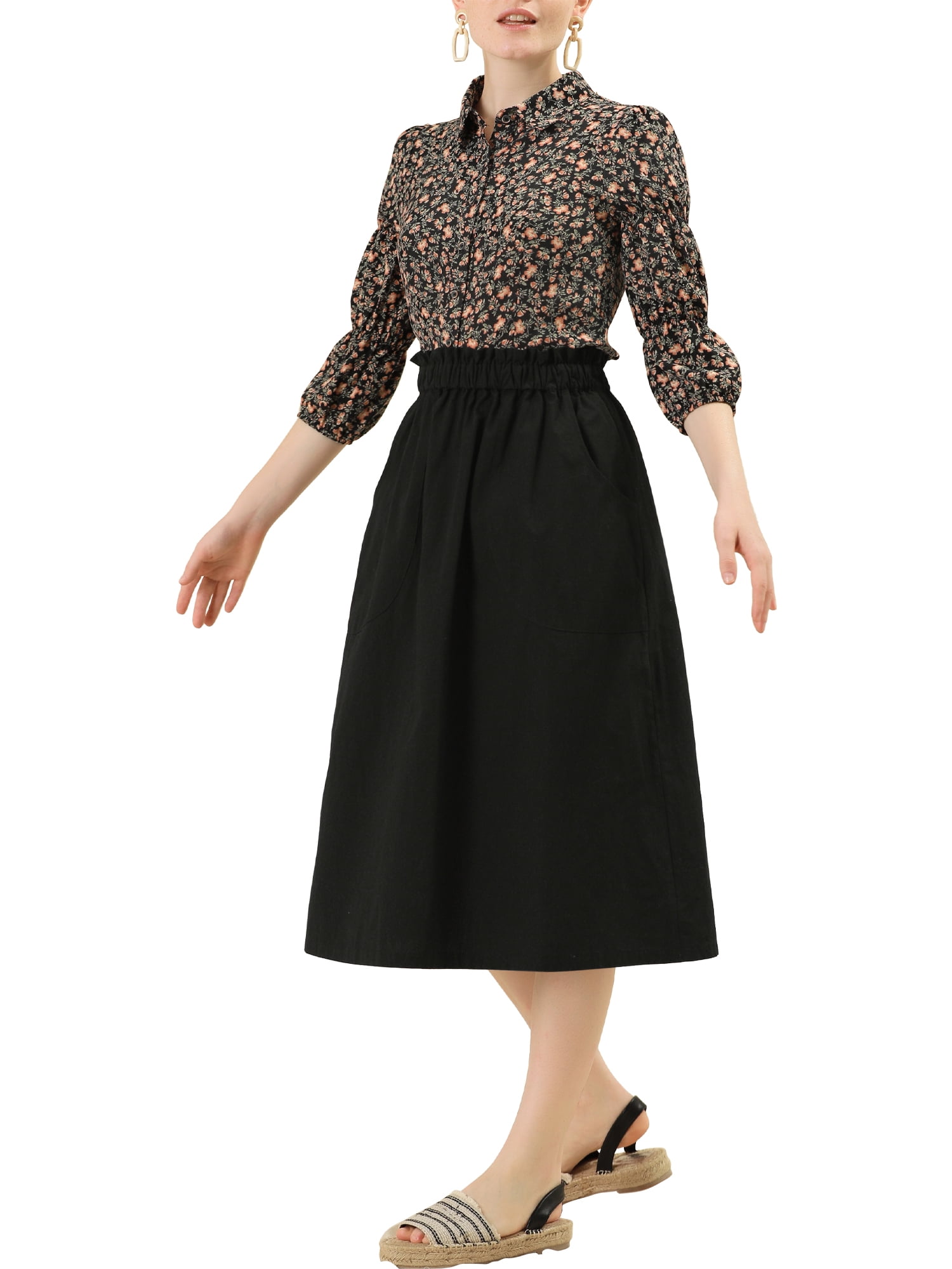 DARING DIVA Women's Cotton A-Line Midi Skirt with Pockets XS Black