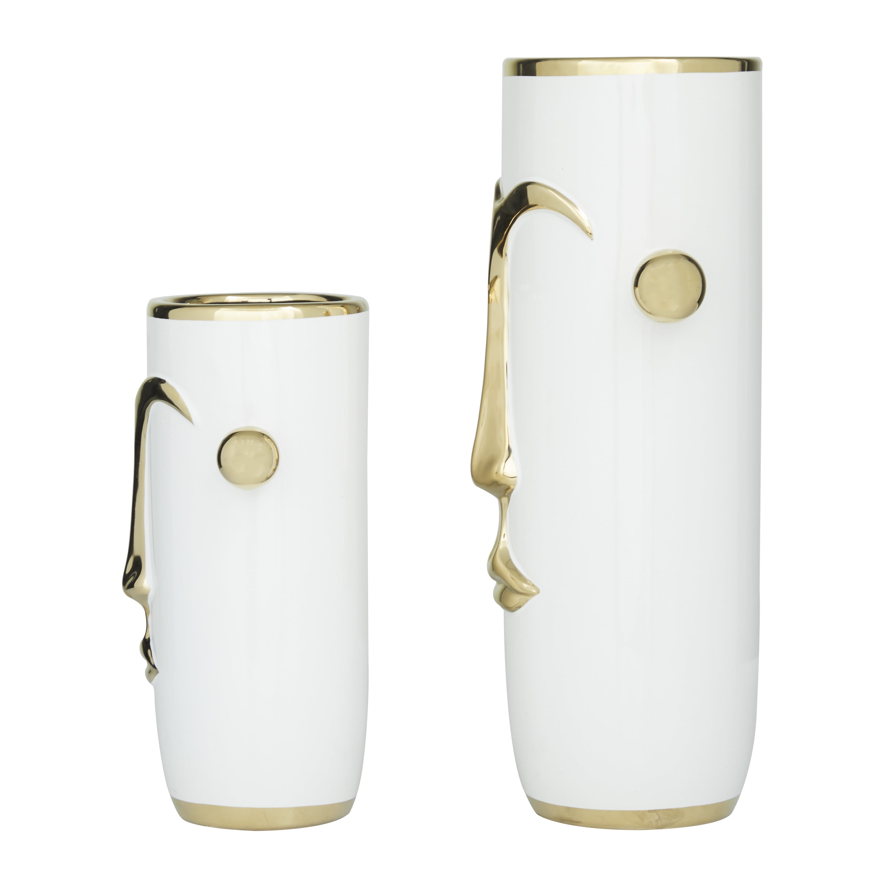 DecMode 16", 11"H Face White Ceramic Vase with Gold Details, Set of 2