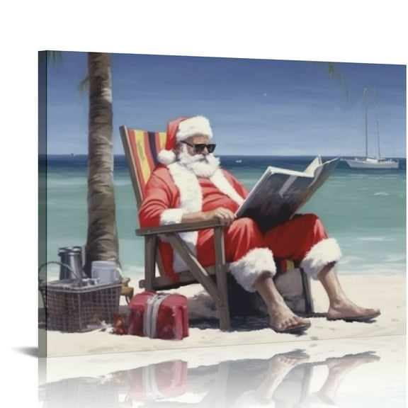 JEUXUS Oil Painting Santa Claus on The Beach Art Poster Canvas Posters Wall Decor Paintings for Living Room Bedroom Office 20x16in