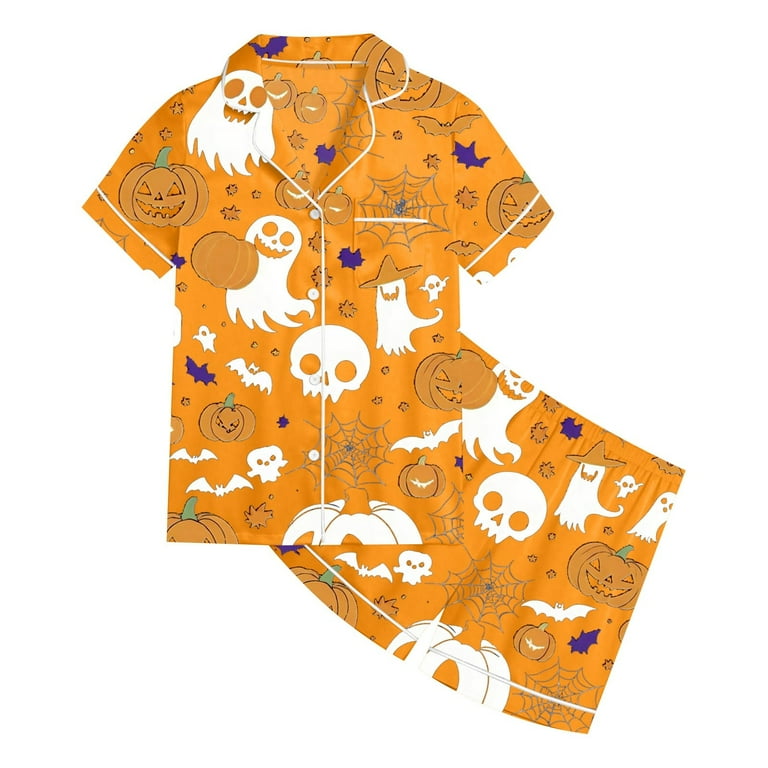 Gelikeya Silk Pjs Kids Size 8-9 Halloween Pajamas Button Up T