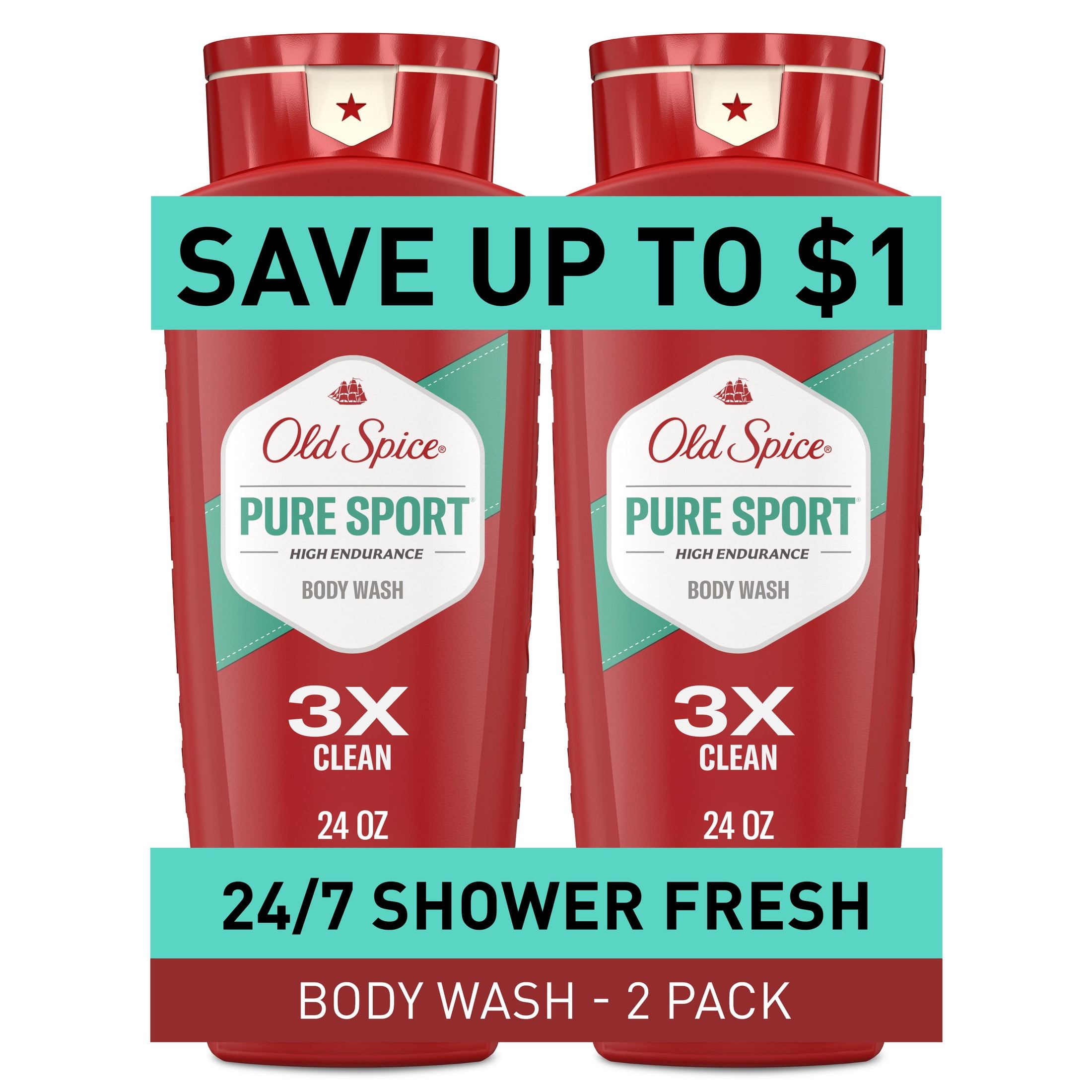 (4 pack) Old Spice High Endurance Body Wash for Men, Pure Sport Scent, 24 FL OZ (709 mL) Twin Pack