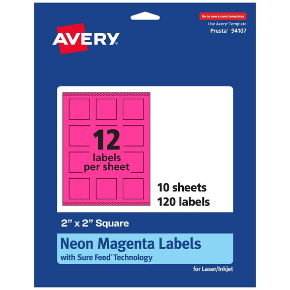 Avery Printable Square Labels, Neon Magenta, 2" x 2", 120ct