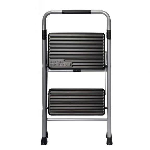 Hyper Tough Gray & Black 2-Step Steel Large Platform & Foldable Step Stool – Holds up to 225 Pounds