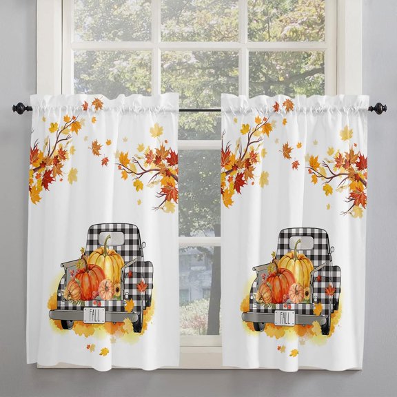 Window Curtains 2 Pack, Thanksgiving Black Lattice Truck Pumpkins and Maple Leaves Curtains for Kitchen Bathroom Living Room Bedroom, Semi Sheer Rod Pocket Draperies Privacy Curtains 42x54 Inches