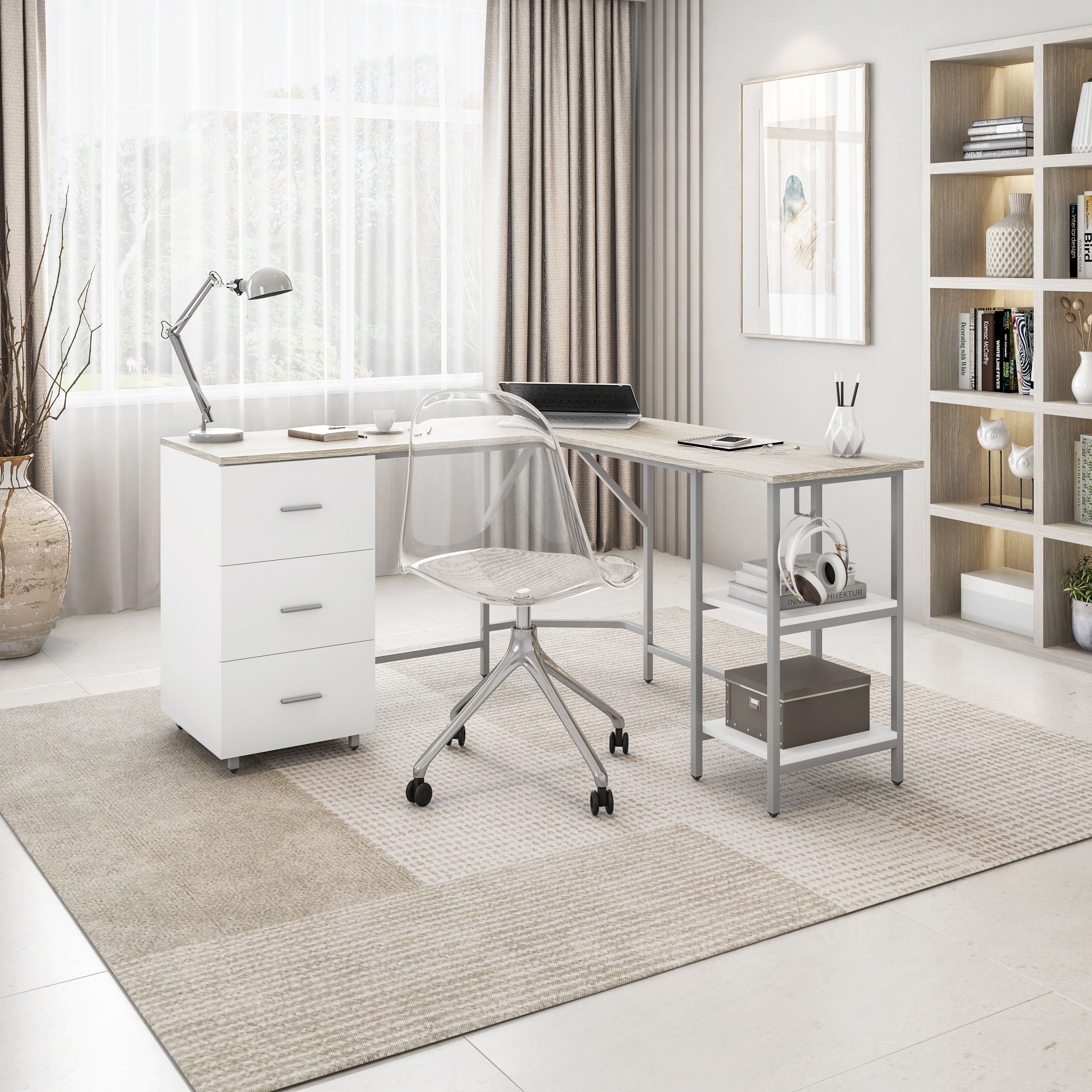 Techni Mobili L-Shape Home Office Desk with Storage, Sand RTA-739DL-SND