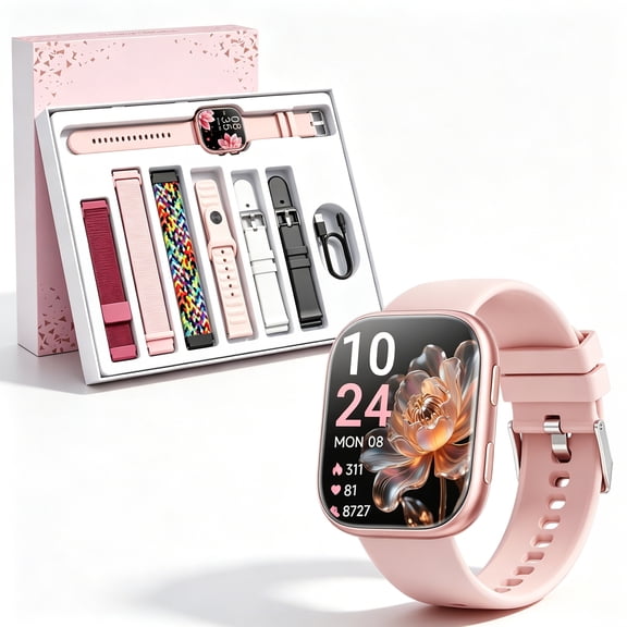 Mingdaln 7 Bands Gift Set Smart Watches Fits for Android iPhone , [1.85" AMOLED Screen] Smartwatch for women，Fitness Tracker Ip68 Waterproof with Bluetooth Calls, AI Control, 7 Days Battery，Pink