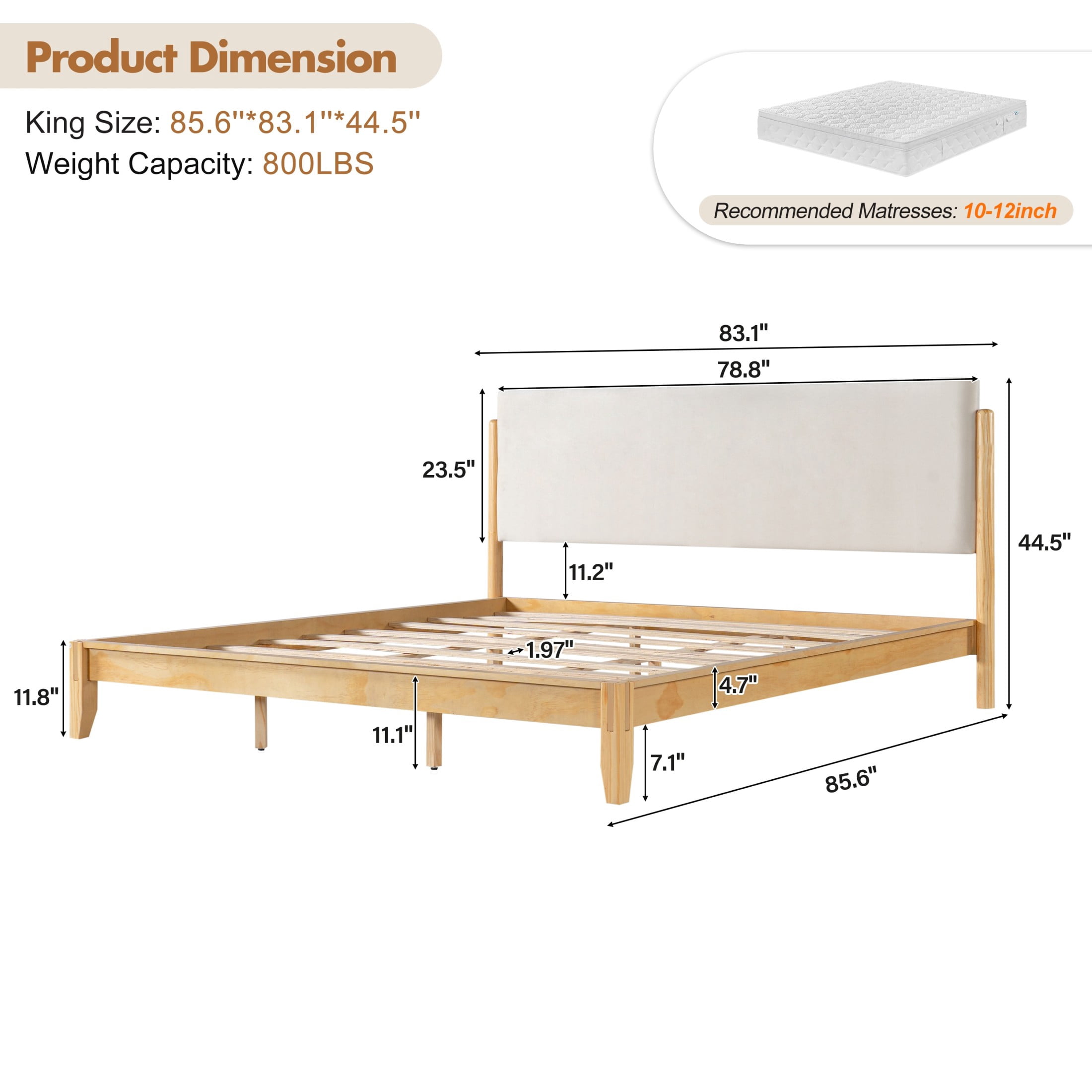 Christopher Knight Home King Solid Wood Platform Bed Frame with Velvet Upholstered Headboard, Oak