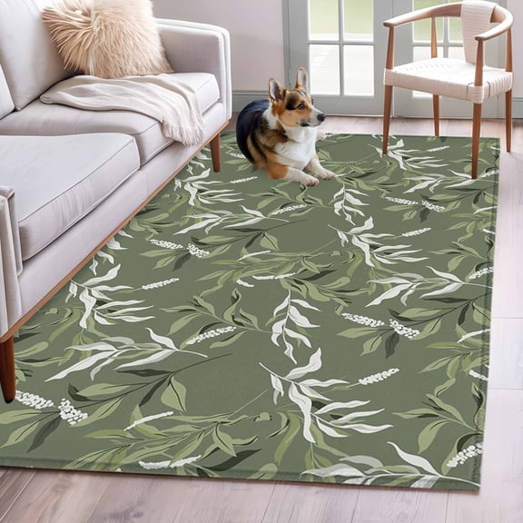 Area Rugs for Living Room Bedroom, Green Botanical Leaves 4'x6' Rug Washable Carpet Runner Indoor Outdoor, Spring Eucalyptus Modern Non Slip Accent Floor Mats Rug for Kitchen, Office