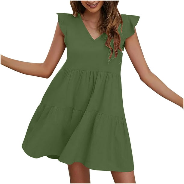 Summer Linen Mini Dress for Women Ruffle Sleeve V Neck Bohemian