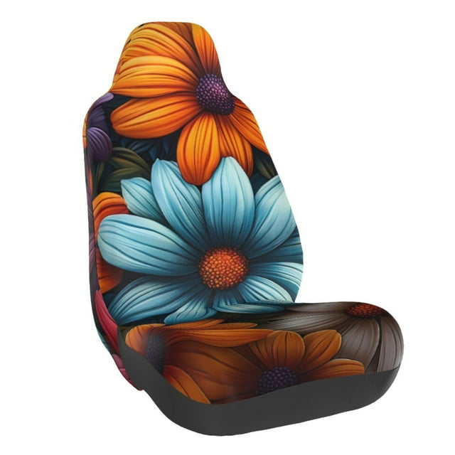Wukai Colorful Blooming Flowers Full Set Car Seat Covers with Soft Padding Universal Auto Front Seats Protector and Cushion Mat