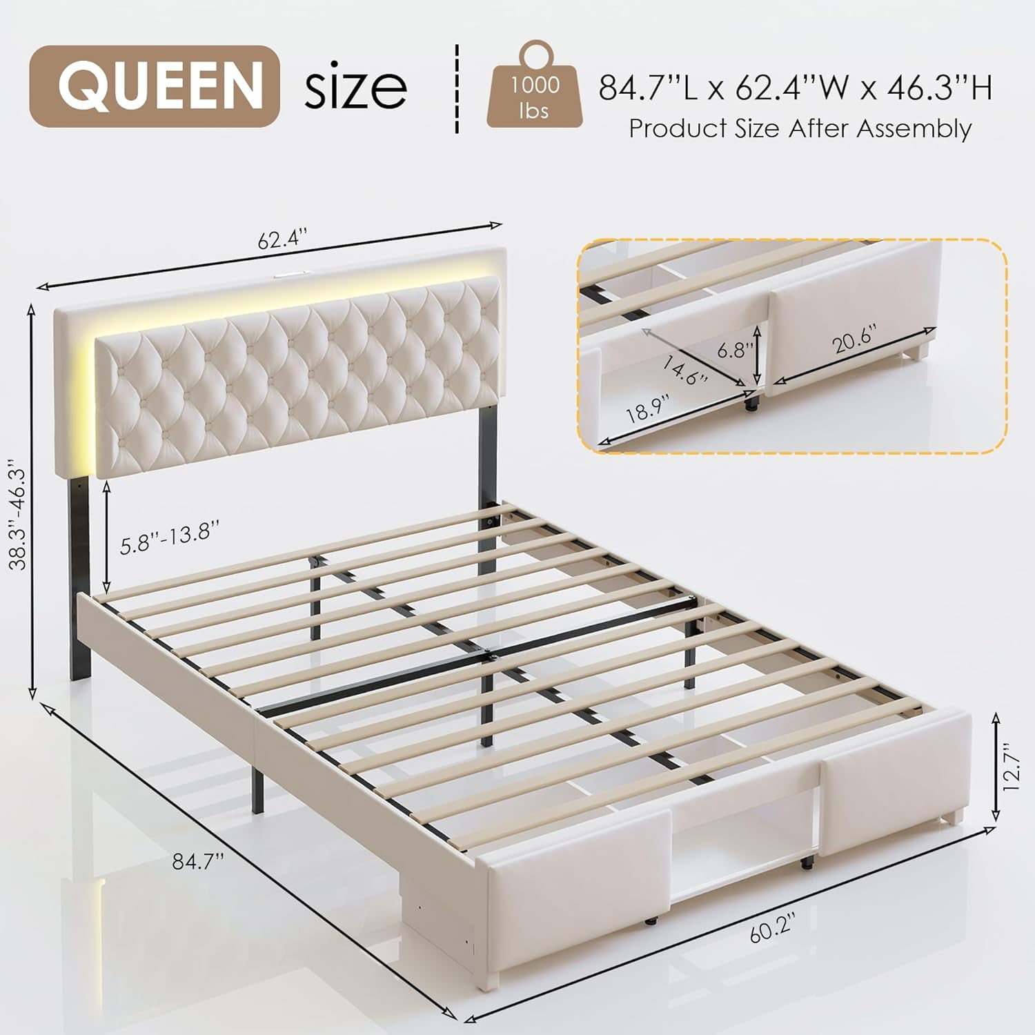 Queen Size Bed Frame with Storage, LED Bed Frame Queen with Adjustable Headboard, Upholstered Velvet Platform Queen Bed Frames with Charging Station, Wooden Slats Support, No Box Spring Needed, White