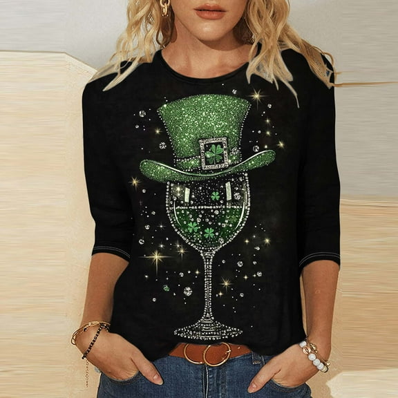 Jjayotai Plus Size St Patricks Day Shirt, Funny 3/4 Length Sleeve Womens Tops, Crewneck Shamrock Printed Graphic Tees, Green Tops Green XXL
