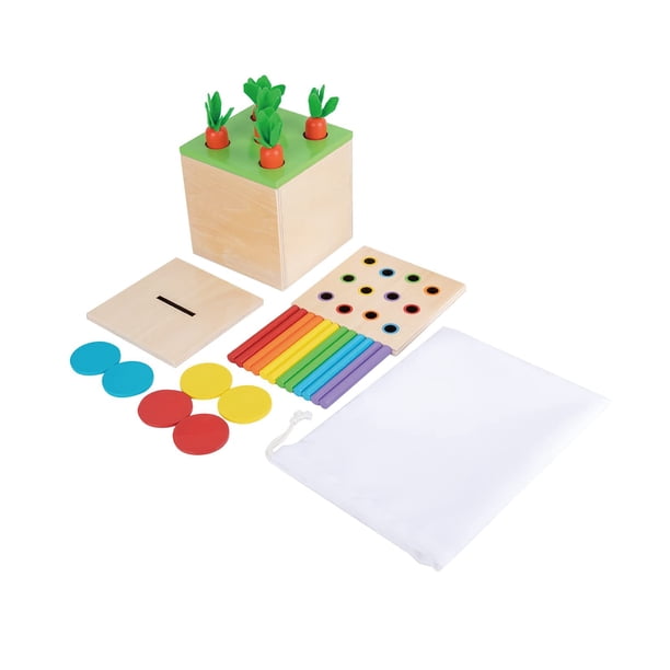 Adena Montessori Kit de juego Montessori de madera 3 en 1, juguetes para bebés que incluyen cerillas, juego de caída de colores, juego de cosecha de zanahorias y caja de monedas, juguete de aprendizaj