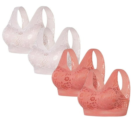 REORIAFEE Bras for Women Wireless 4PC Gathered Together Wirefree Bras Seamless Brassiere Comfy Wide Strap Breathable Corset Underwear Comfortable Classic Support Lingerie Hot Pink M