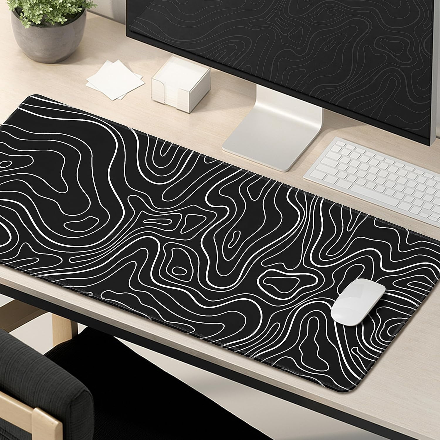 Topographic Contour Gaming Mouse Pad，Large XL Mouse Pad Big Mouse mat,Long Computer Keyboard with 3mm Non-Slip Base and Stitched Edge for Gaming Home Office Work，31.5x11.8in