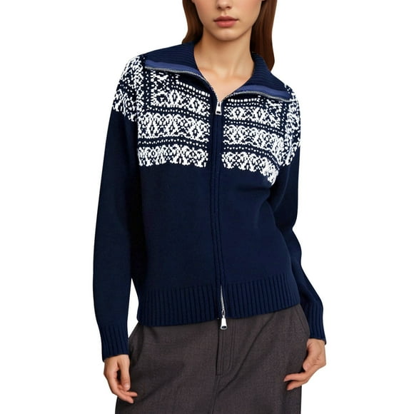 Aocisk Fair Isle Loose Knit Cardigan with Shawl Collar Cozy Casual Long Sweater Open Front for Women Fall Fashion Navy Average