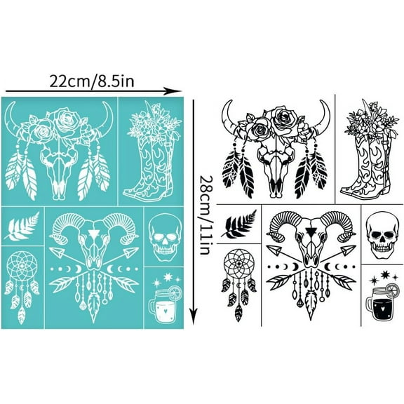 2pcs 2pcs 8.6x11 Inch Cow Skull Self-Adhesive Silk Screen Printing Stencil Cowgirl Silk Screen Stencil Western Theme Mesh Stencils Transfer for T-Shirt Fabric Painting