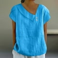 thumbnail image 2 of Olyvenn Cotton Linen Blouses for Women Summer Comfy Loose Fit Short Sleeve Tops Asymmetric V Neck Button Tees Dressy Casual T-Shirt Blue M, 2 of 6