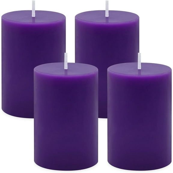 NestE 4 Packs 2x3 Inch Unscented Purple Pillar Candles, Small Dripless 24 Hours Solid Colored Column Cylinder Candles for Home Dinner Table Relaxation Spa Decoration