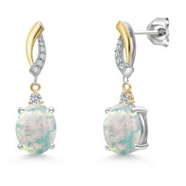 Gem Stone King 925 Silver and 10K Yellow Gold Simulated White Opal and White Lab Grown Diamond Dangle Earrings for Women | 3.46 Cttw | Gemstone October Birthstone | Oval Cabochon 10X8MM