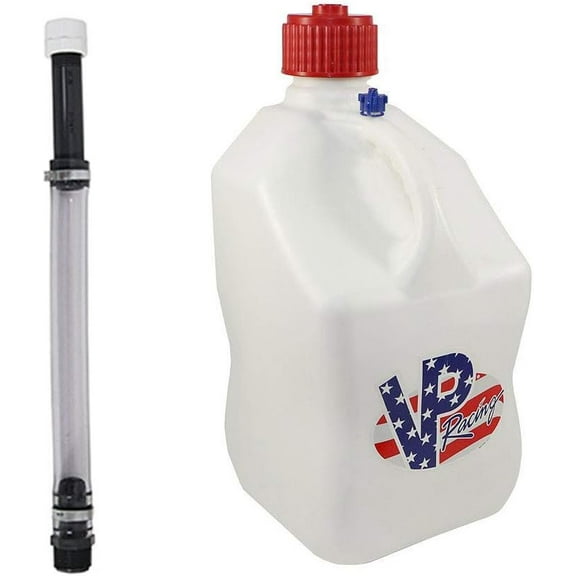 VP Racing 5.5 Gal. Square Patriotic Motorsport Container w/ 14 Inch Deluxe Filler Hose Close-Trimmed Cap and Neck for Tighter Seal