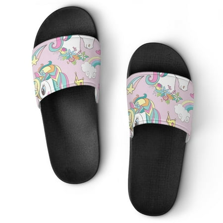 

GZHJMY Stylish Slides for Women Men Pink Castle Unicorn and Rainbow Soft Flexible Slip-on Sandals Slippers