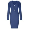 thumbnail image 4 of Mrat Backless Dresses for Women Women's Casual Knit Long Sleeve V-Neck Pack Hip Button Dress Denim Dresses for Women S-484 Dark Blue L, 4 of 5