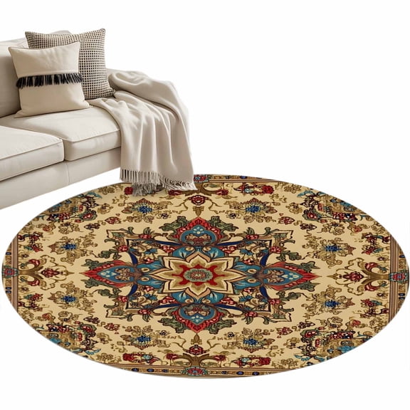 Boho Flower Round Area Rug 3 FT, Small Kitchen Bathroom Mat, Bohemian Western Rustic Tribal Patterns Washable Indoor Outdoor Throw Runner Carpet Non-Shedding Doormat for Table Shower Sofa Entryway