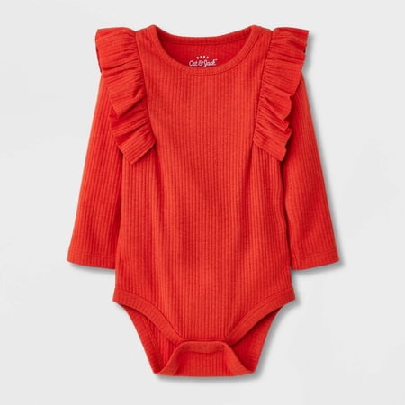 Baby Girls' Ribbed Ruffle Bodysuit - Cat & Jack™ Terracotta Orange 6-9M