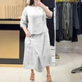 thumbnail image 2 of NaWent Cotton Linen Skirt 2 Piece Set Clearance Women's Summer Solid Round Neck 3/4 Sleeve Tops Skirt Suit White L, 2 of 6