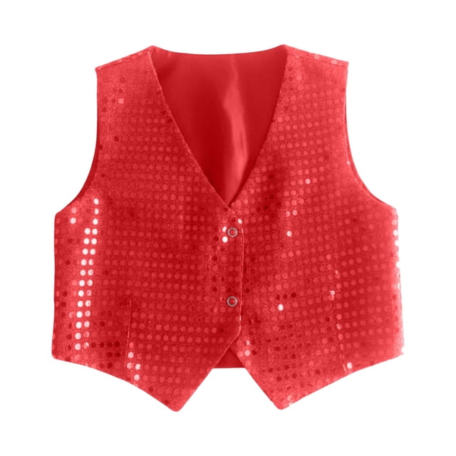 Gilet de Fête Brillant pour Ados, devant Boutonné, Rouge, Hip-Hop Jazz, Col Rond, Tenue de Fête, Vêtements pour Enfants 10-11 Ans