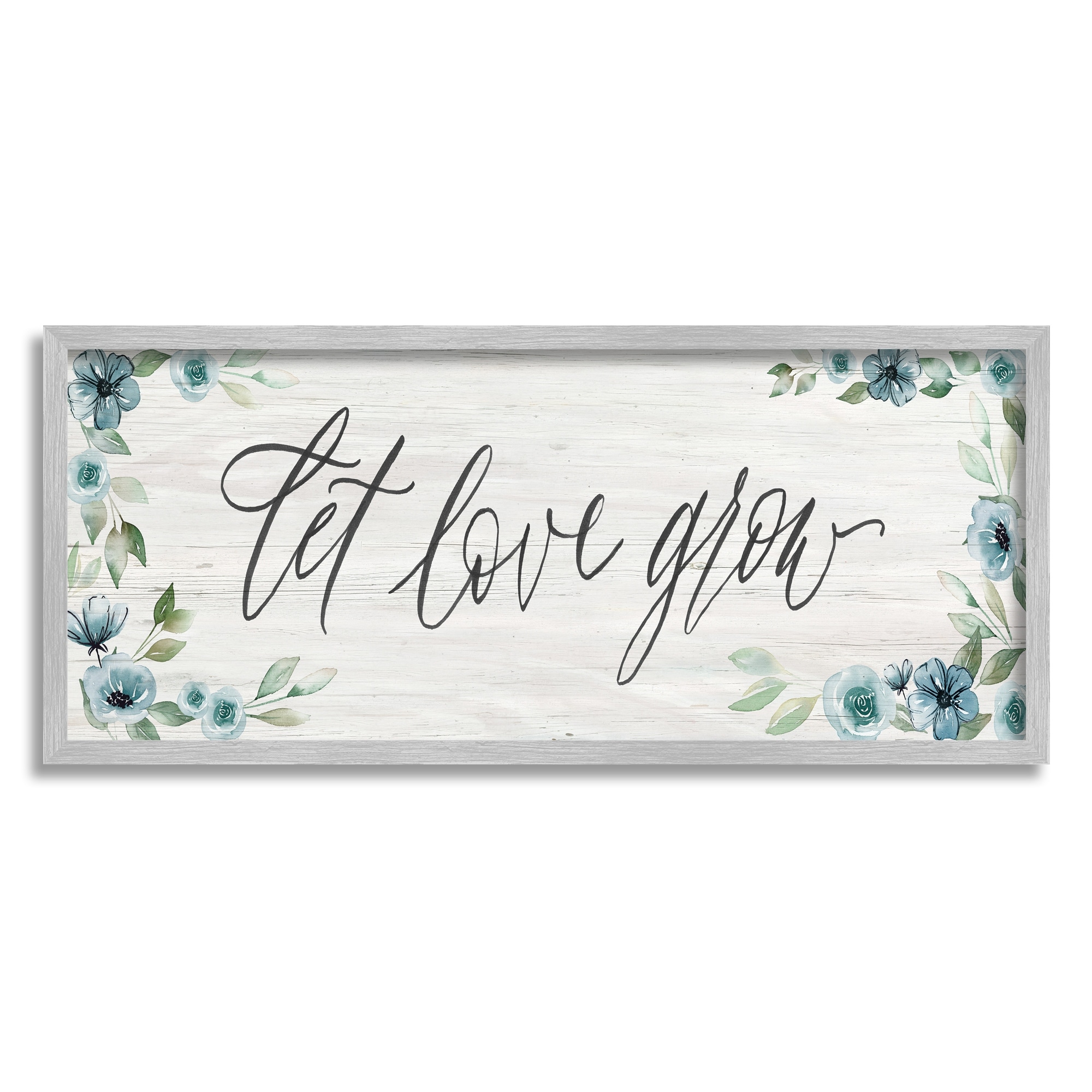 Stupell Industries Let Love Grow Blooming Blue Flower Border Graphic Art Gray Framed Art Print Wall Art, Design by Kristen Brockmon