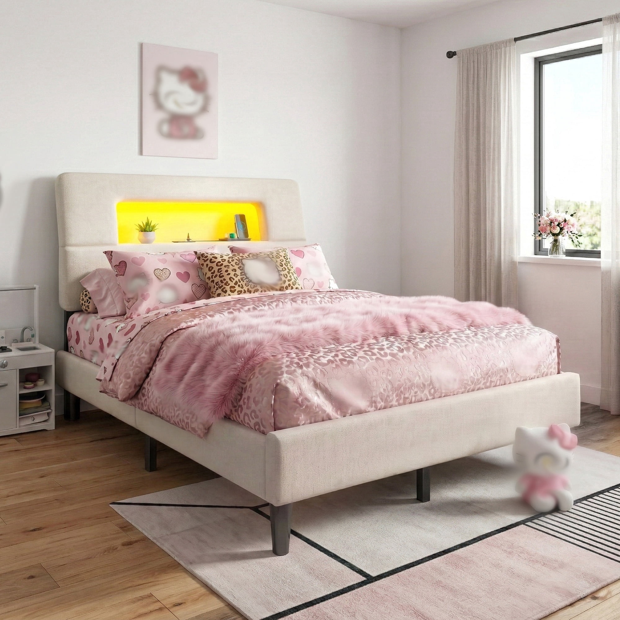 EnHomee Upholstered Bed Frame with Headboard Full Size Bed with LED Lights & Charging Station Bed Frame with Storage Platform,Beige
