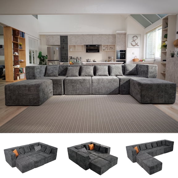 BEHOST 130" 6-Piece Modular Sectional Sofa with 2 Movable Ottomans, U-Shaped Cloud Couch for Living Room, Modern Chenille Deep Seat Sofa Set, Flexible Oversized Sleeper Couches, Dark Gray