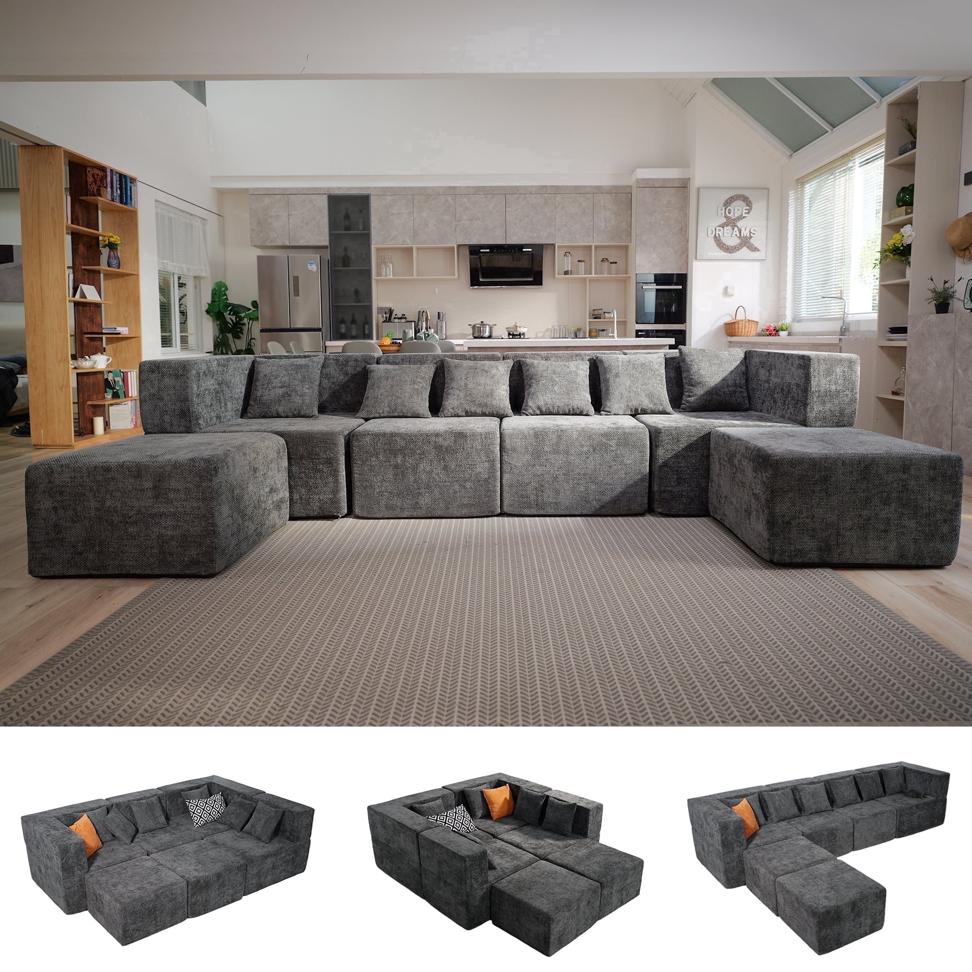 BEHOST 130" 6-Piece Modular Sectional Sofa with 2 Movable Ottomans, U-Shaped Cloud Couch for Living Room, Modern Chenille Deep Seat Sofa Set, Flexible Oversized Sleeper Couches, Dark Gray