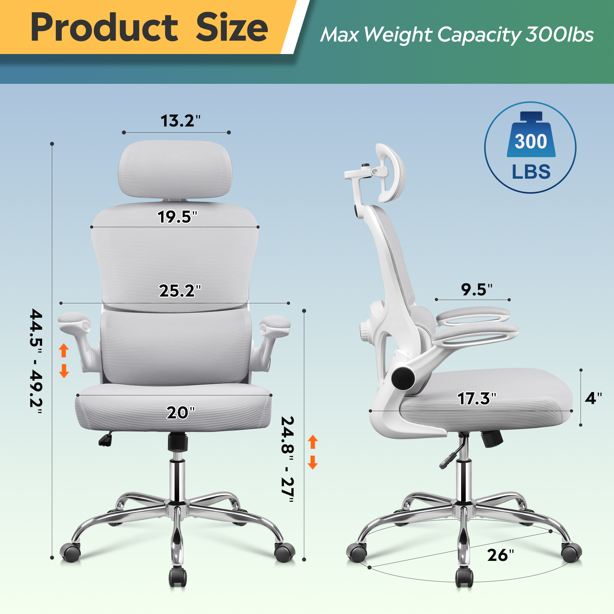 GALAXHERO Ergonomic High Back Mesh Office Chair, Swivel Desk Chair with Lumbar Support & Flip-up Armrests for Home Office Use, Breathable Mesh, White