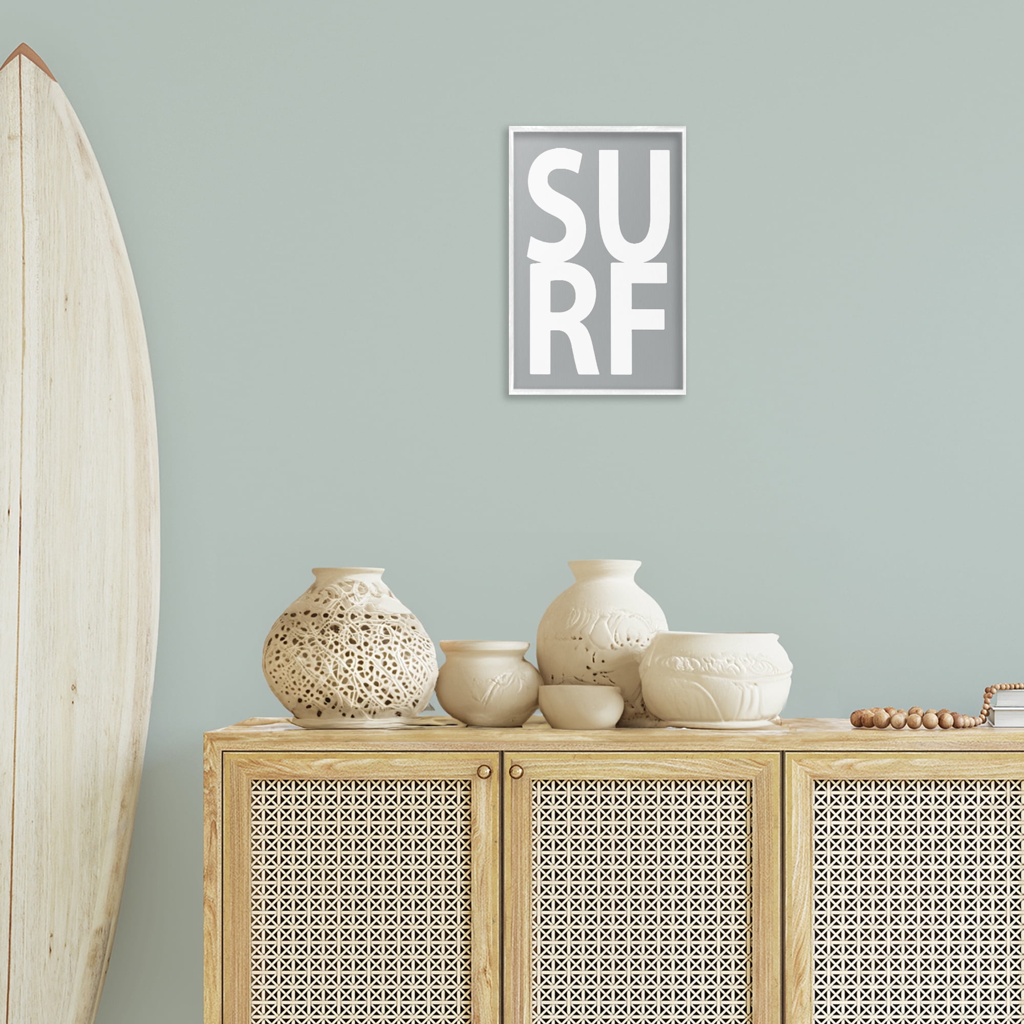 Stupell Industries Surf Word on Grey Typography Painting White Framed Art Print Wall Art, 12 x 18