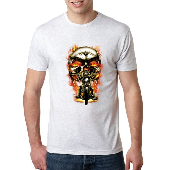 Wild Bobby, Flaming Motorycle Hell Fire Skull Biker | Mens Fashion Premium Tri Blend T-Shirt, Heather White, Small