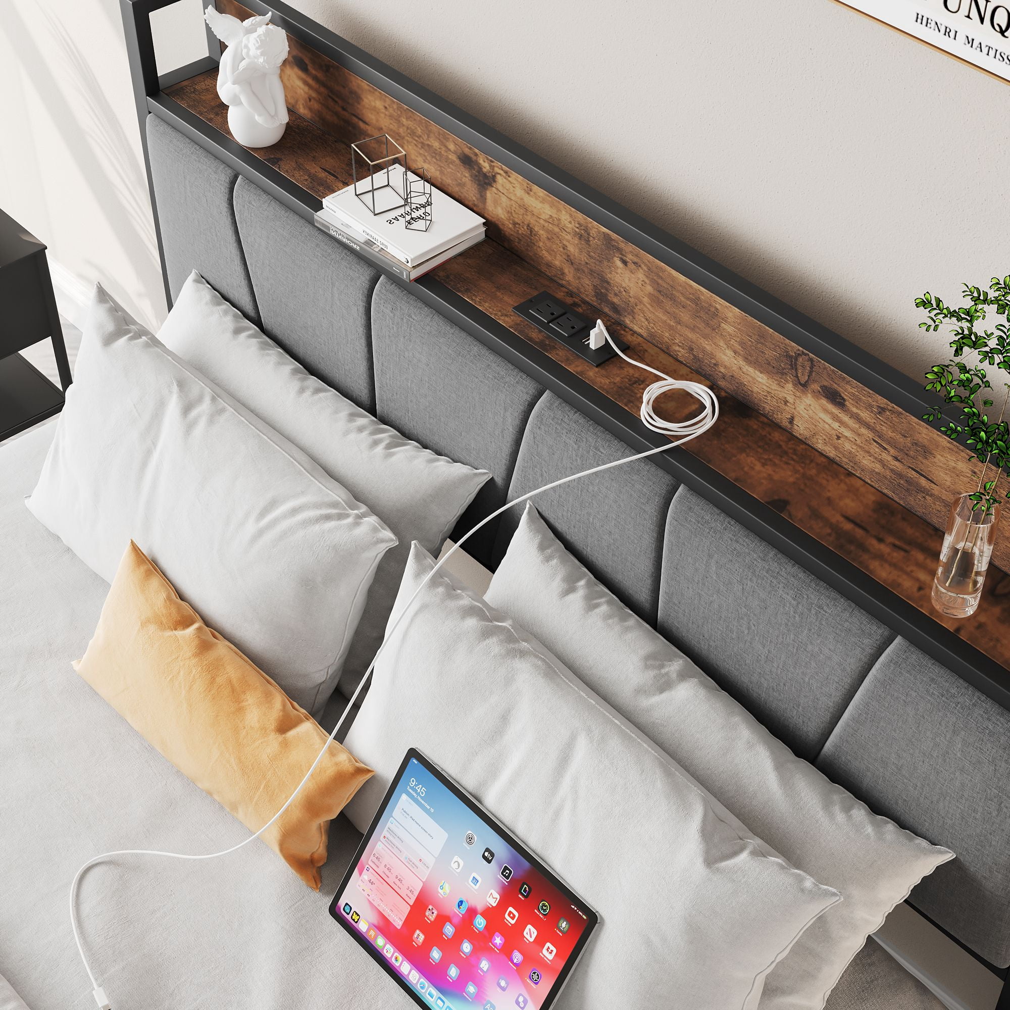 Aukfa Full Size Bed Frame with 2-Tier Storage Headboard Shelf and Charging Station, Brown