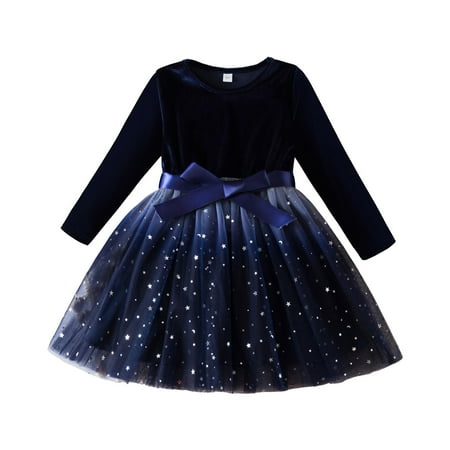 

KaLI_Store Girl s Dresses Fall Winter Long Sleeve Ruffle Lace Holiday Party Dress Z10-Blue Size 7 T