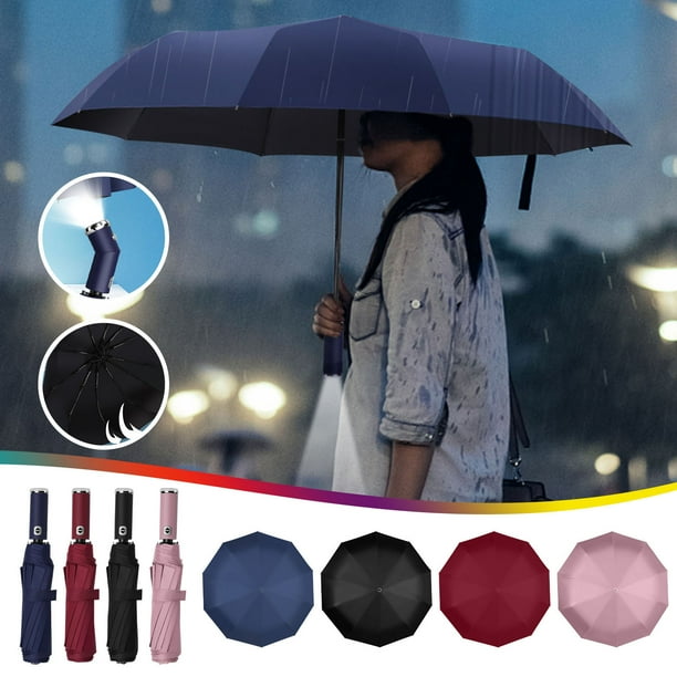 Paraguas de Viaje a Prueba de Viento con Luz Led - Paraguas Plegable Compacto con Apertura Automática, Miniparaguas Portátil para Hombres y Mujeres, Mango de Acero Resistente, Mango Antideslizante