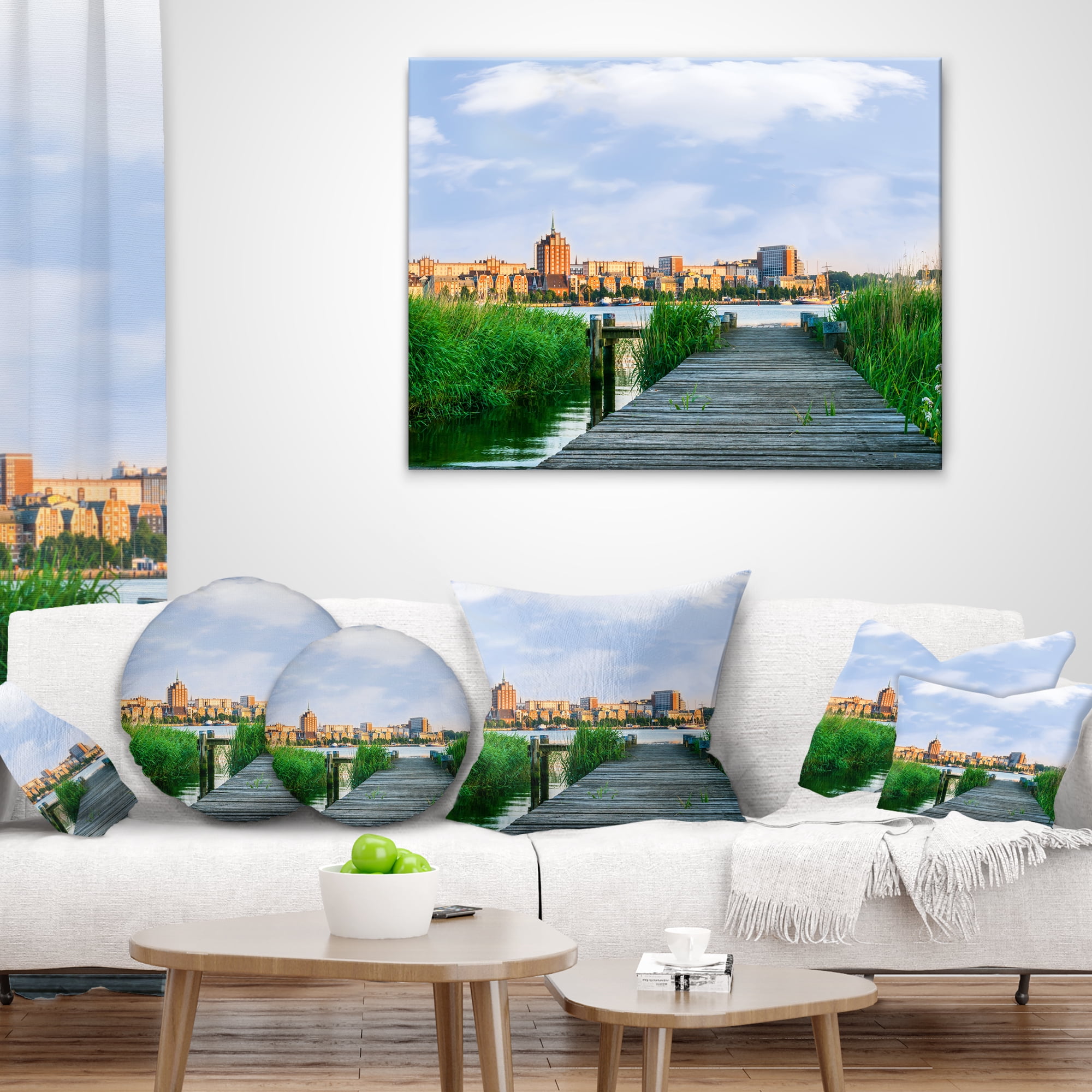 Designart Wooden Bridge to River Warnow - Landscape Printed Throw Pillow - 18x18