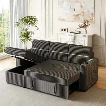 Newboti Furniture 85 Inches Corduroy Sofa Bed, 3 Seater Sleeper Sofa With Storage Chaise, Square Handrail With Two Cup-Holder And Usb Charge Port, Pull Out Couch For Living Room00270