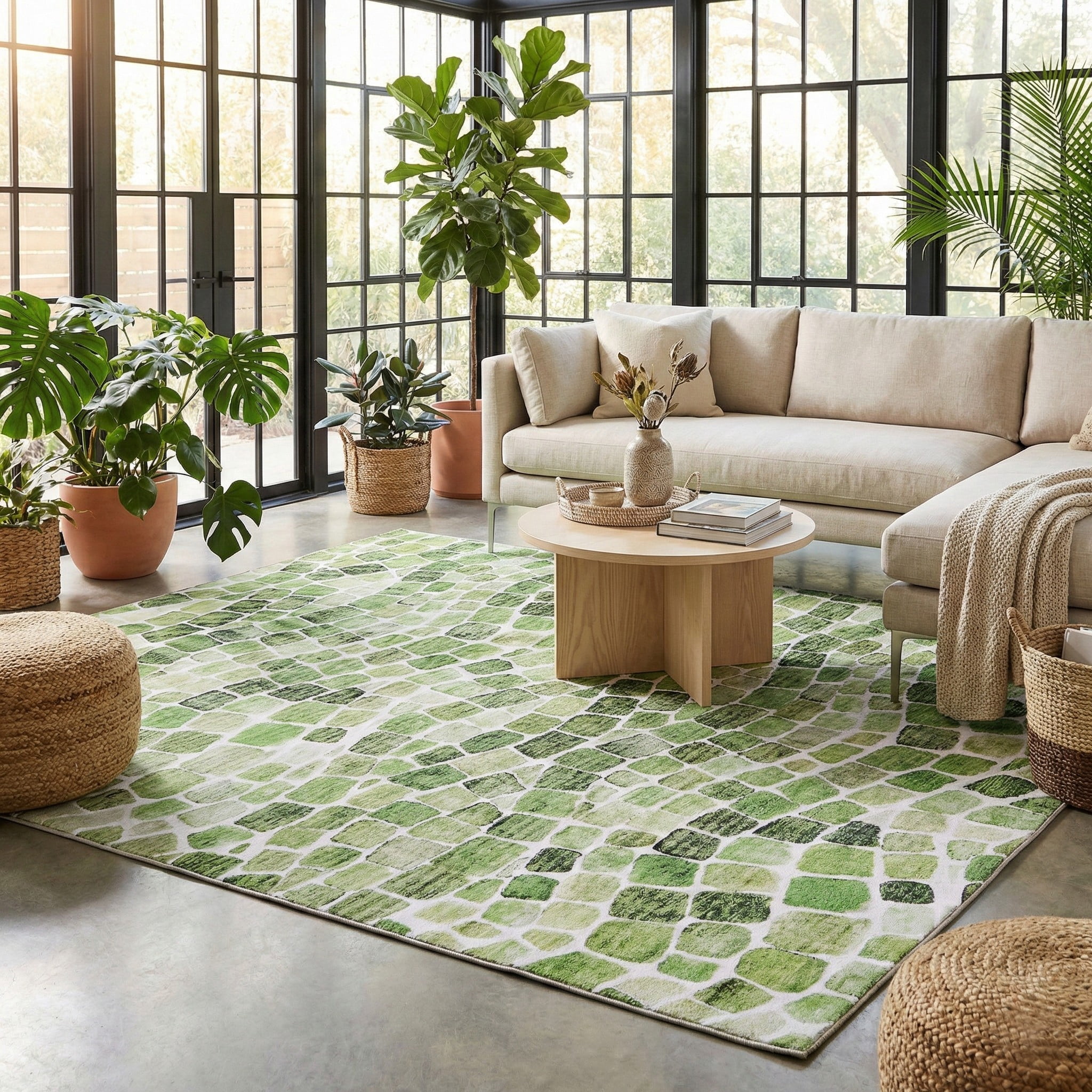 ReaLife Machine Washable Indoor Outdoor - Mat Rug Foldable Printed Thin Lightweight Cushioned Fade Resistant Patio Deck Dock Porch Pool Balcony Camping - Emery - Green 5' x 7'