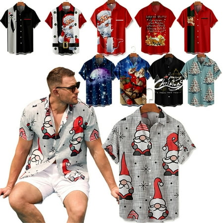 

MLFU Mens Kids Christmas Print Front Buttons Soft Breathable Loose Lapel Chest Pocket Casual Hawaiian Shirt