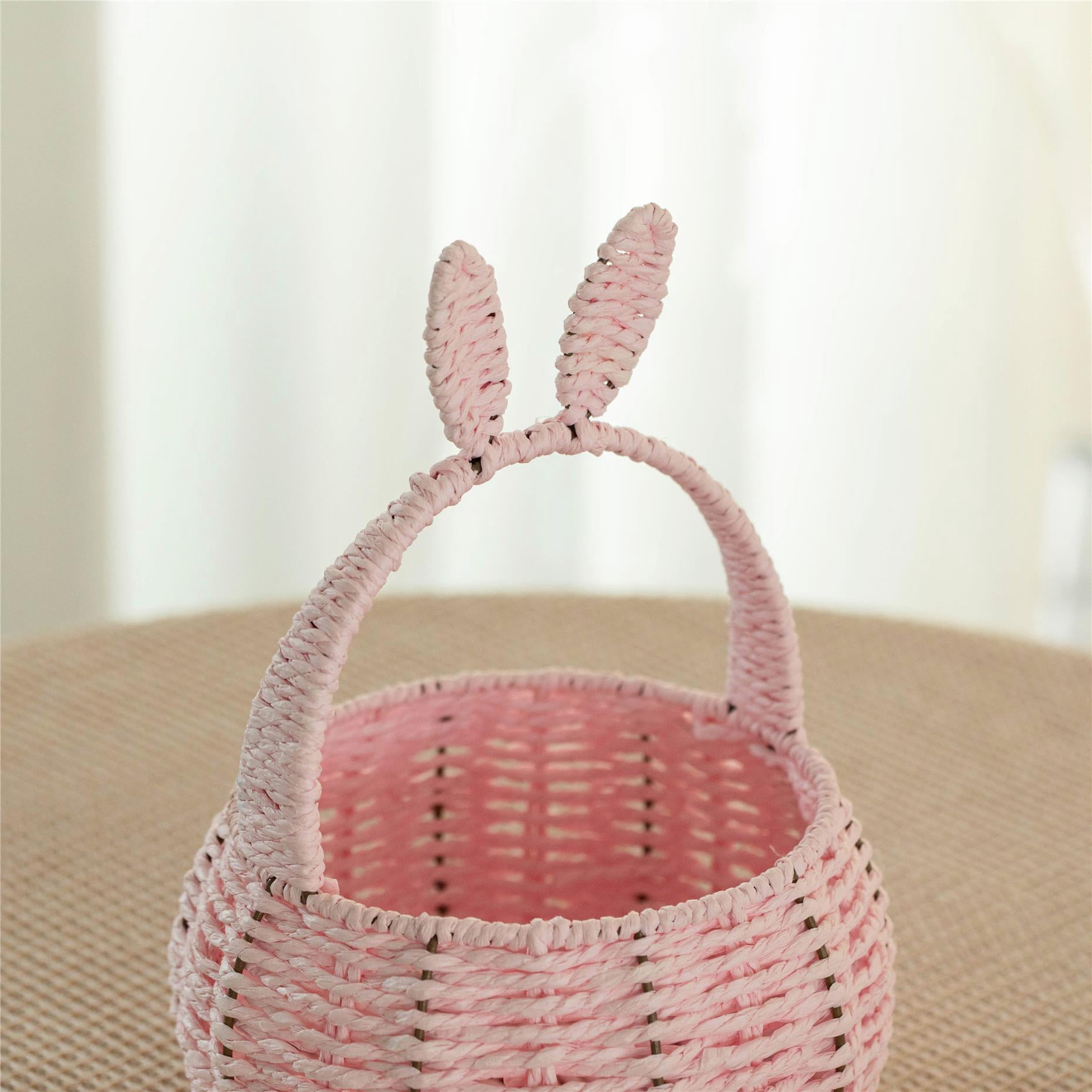 Wickerwise Hand-Woven Easter Bunny Ear Basket with Handle – Multi-Purpose Paper Rope Wicker Basket for Easter Egg Hunts, Picnics, Flower Arrangements, Food Storage, Party, and Home Decor, Pink